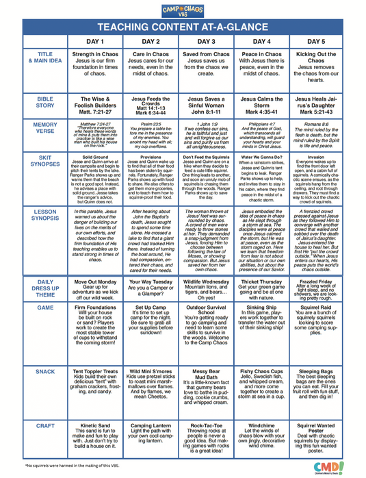 Camp Chaos VBS - At A Glance Sheet