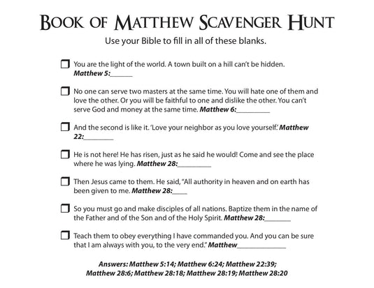 Book of Matthew Scavenger Hunt