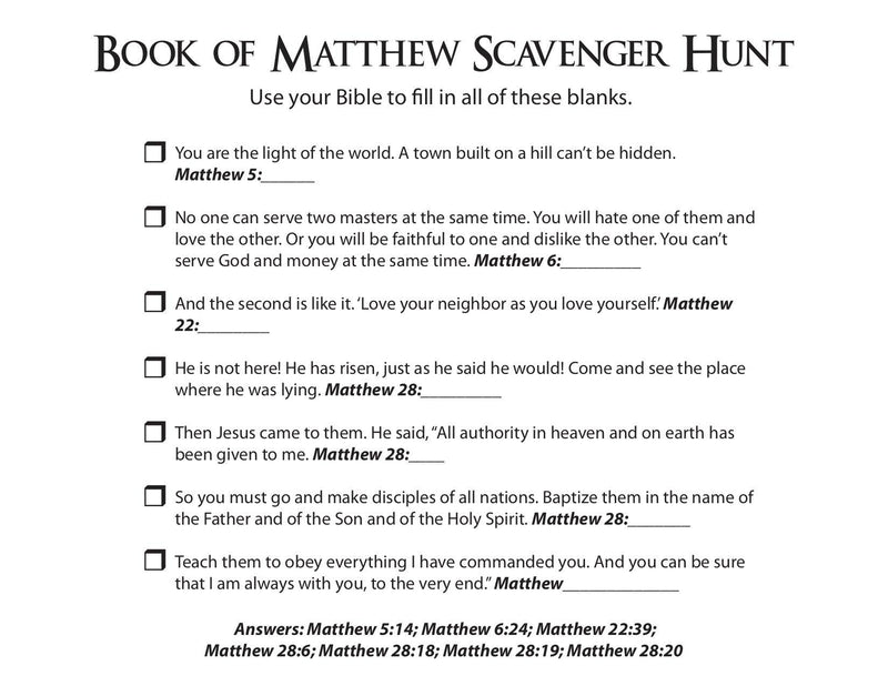 Book of Matthew Scavenger Hunt