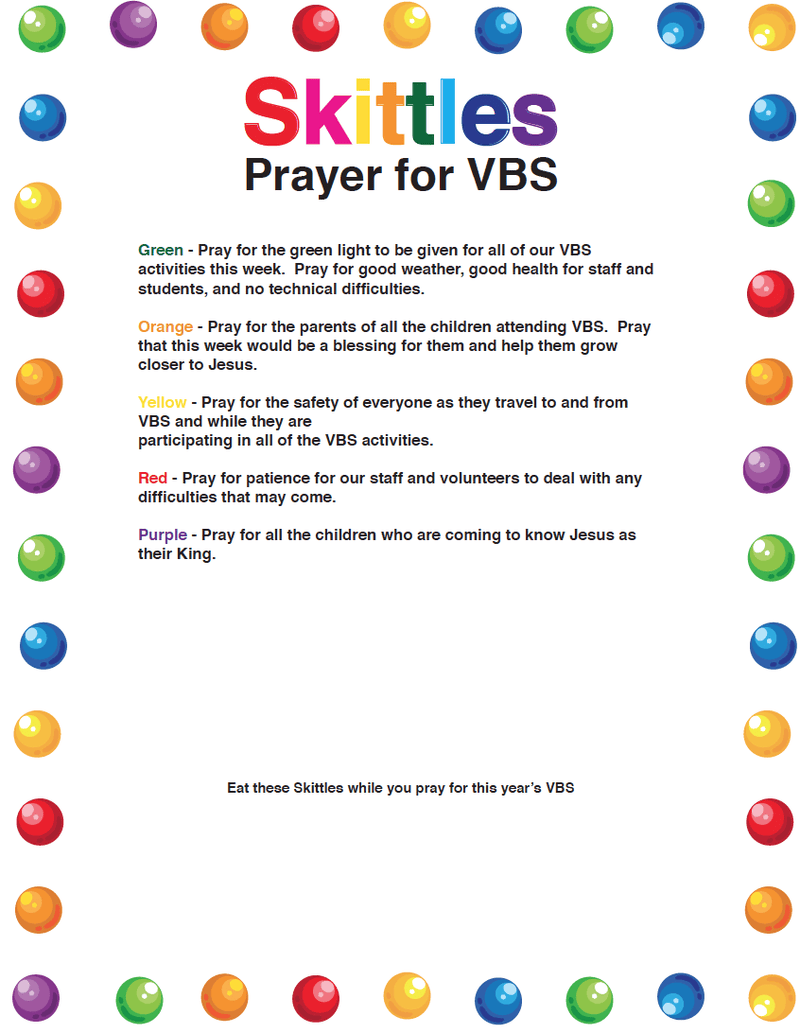 Skittles Prayer for VBS Volunteers